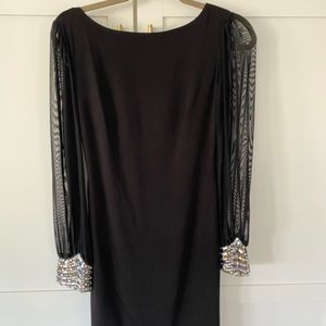 Low back sheer jewel cuff sleeve black mini dress size M